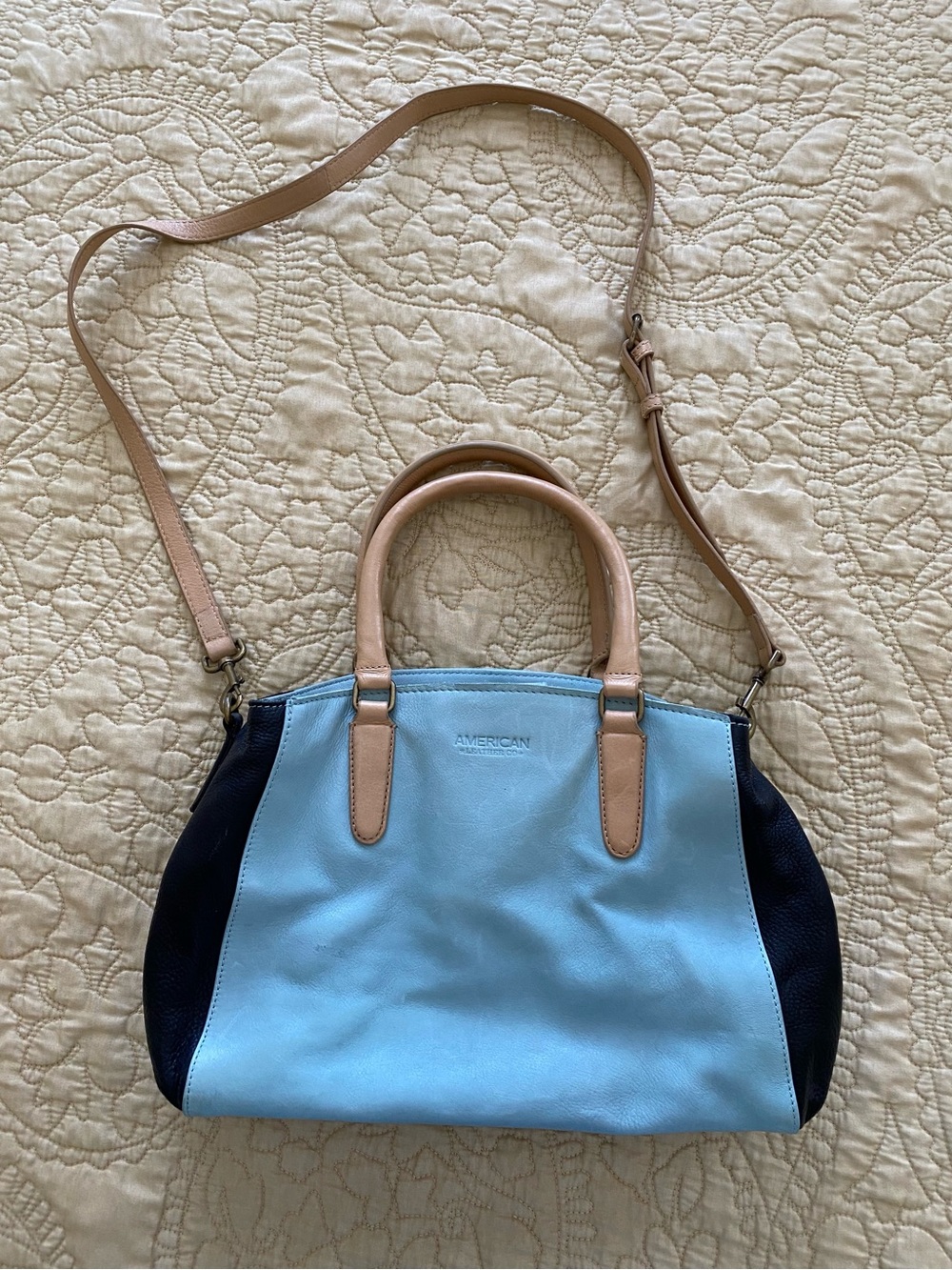 American Leather Co. Sky Blue Leather Satchel with Tan Accents.